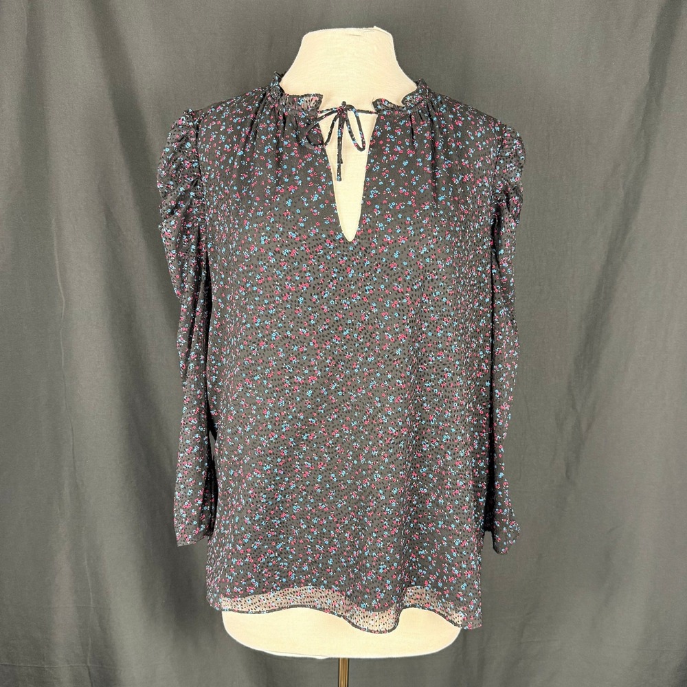 Cece Black Floral Chiffon Blouse Split V-Neck Tie Puff Sleeve Blouse Size L EUC
